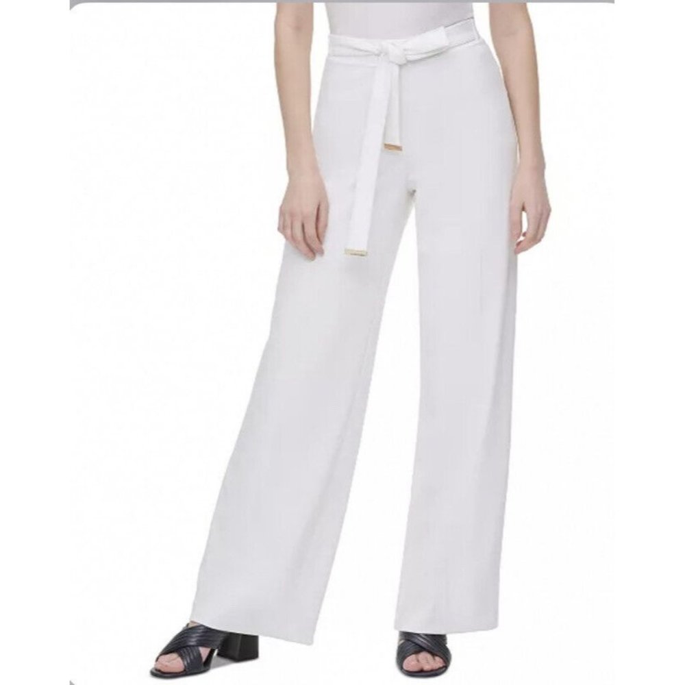 CALVIN KLEIN Women’s Belted Wide-Leg Pull On Long Pant Off White L